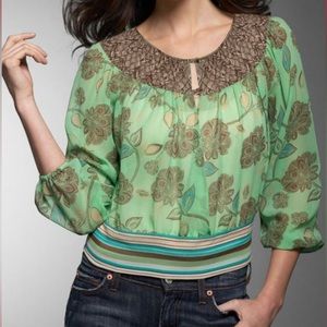 BCBG Max Azria Silk print open back blouse w/wrap around straps at waist